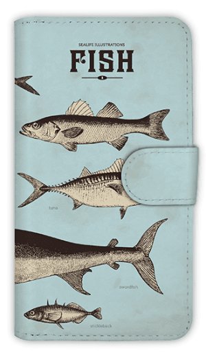 画像1: [アングラーズケース]【手帳型】ビンテージな魚図鑑　ブルー (商品コード： diary2015110501)