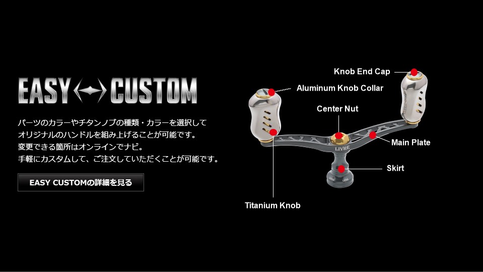LIVRE WING 100 EASY CUSTOM parts diagram: knob end cap, knob collar, center nut, main plate, skirt, titanium knob