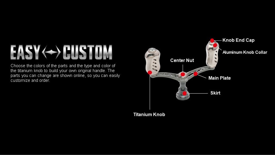 LIVRE WING 80 EASY CUSTOM parts diagram: knob end cap, knob collar, center nut, main plate, skirt, titanium knob