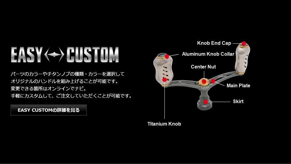 LIVRE WING 92 EASY CUSTOM parts diagram: knob end cap, knob collar, center nut, main plate, skirt, titanium knob