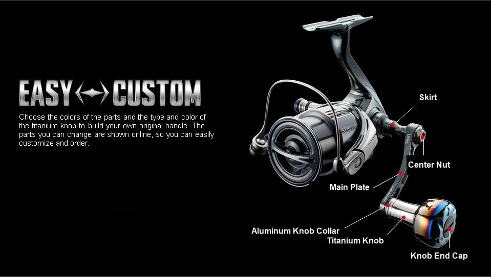 LIVRE Light Arm 58 EASY CUSTOM parts diagram: skirt, center nut, main plate, knob collar, titanium knob, end cap