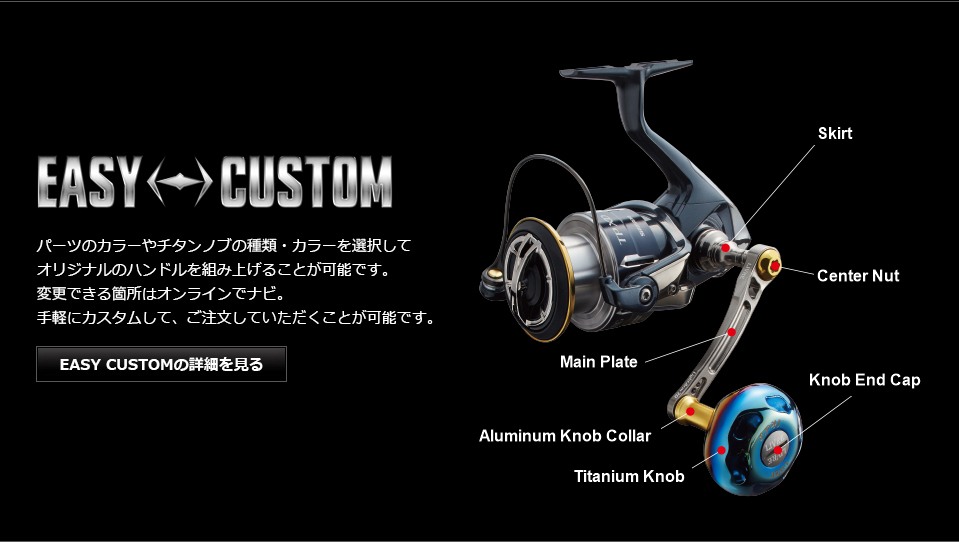 LIVRE Light Arm 70 EASY CUSTOM parts diagram: skirt, center nut, main plate, knob collar, titanium knob, end cap