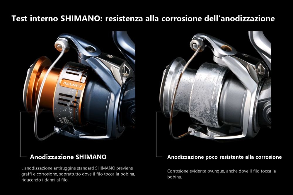 Test interno SHIMANO: confronto della resistenza alla corrosione dell’anodizzazione della bobina