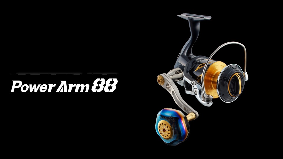 LIVRE Power Arm 88 power handle mounted on a large spinning reel