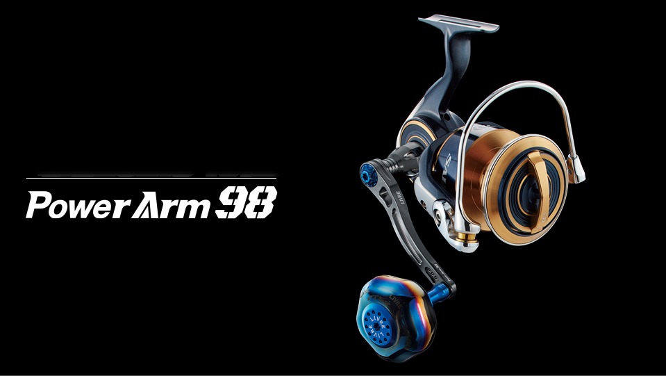 LIVRE Power Arm 98 power handle mounted on a large spinning reel