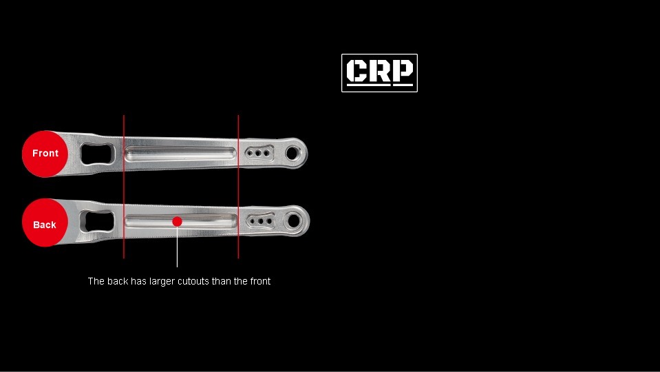 LIVRE Power Arm 98 CRP main plate, front and back, 3D machined from A7075 super duralumin