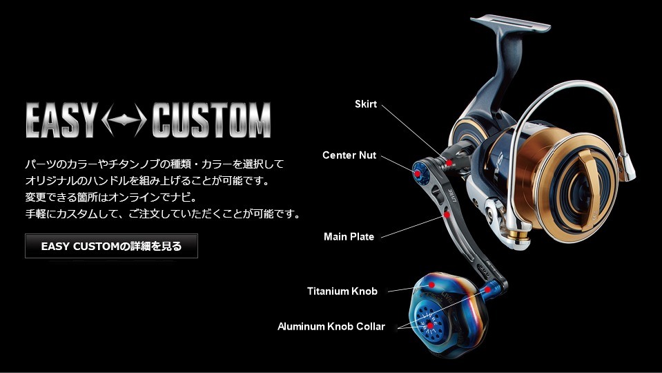 LIVRE Power Arm 98 EASY CUSTOM parts diagram: skirt, center nut, main plate, titanium knob, aluminum knob collar