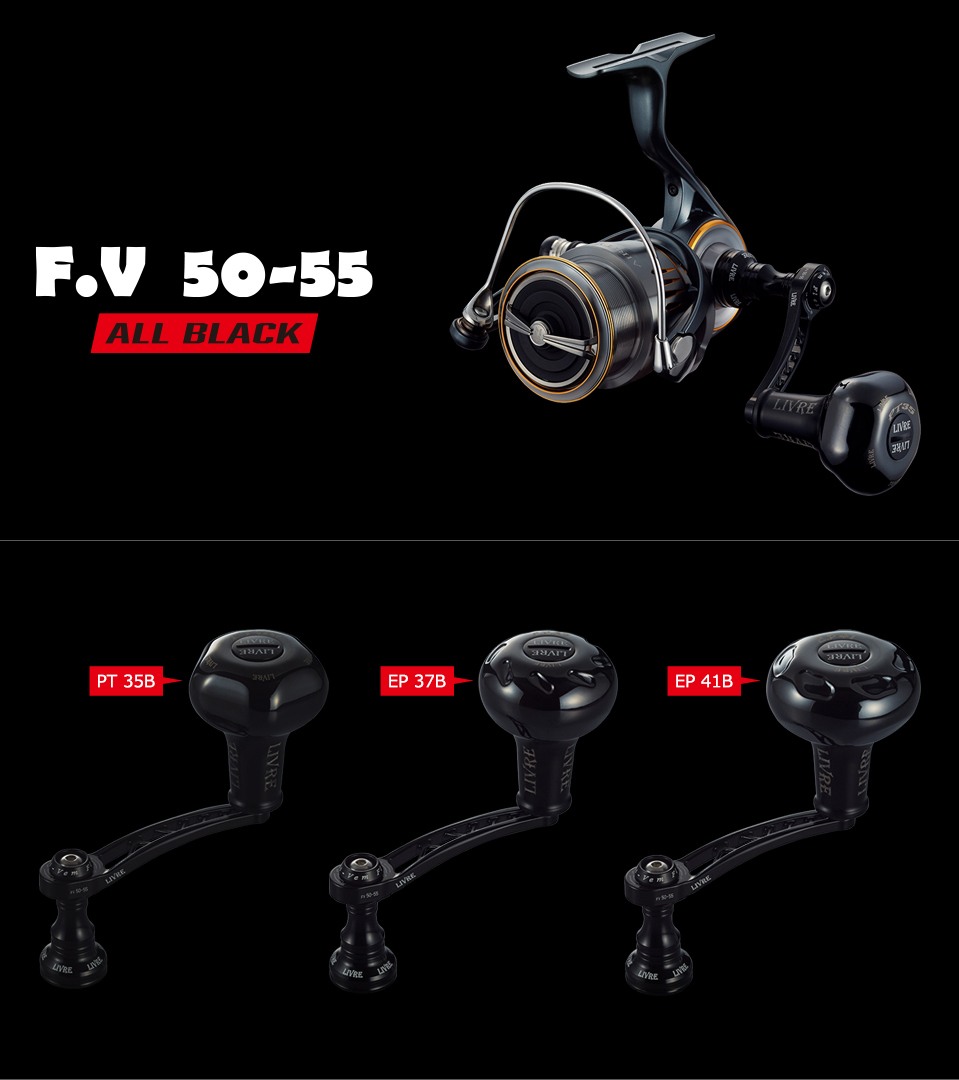 LIVRE F.V 50-55 ALL BLACK variable pitch single handle mounted on a spinning reel, with PT 35B, EP 37B and EP 41B knob options