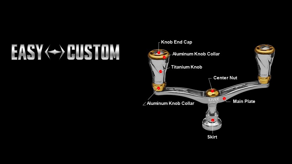 LIVRE WING 98 f air EASY CUSTOM parts diagram: knob end cap, aluminum knob collar, titanium knob, center nut, main plate, skirt