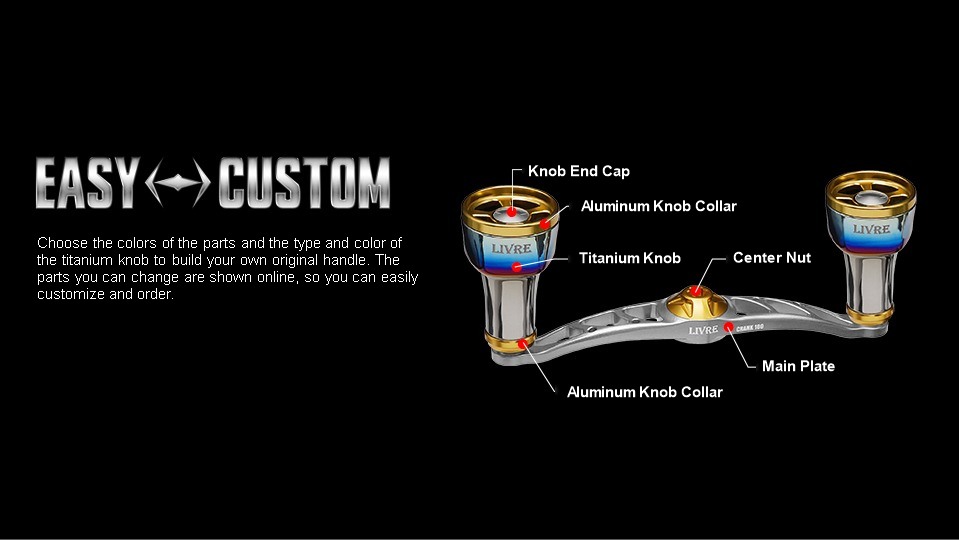 LIVRE CRANK 100 ff air EASY CUSTOM parts diagram: knob end cap, aluminum knob collar, titanium knob, center nut, main plate