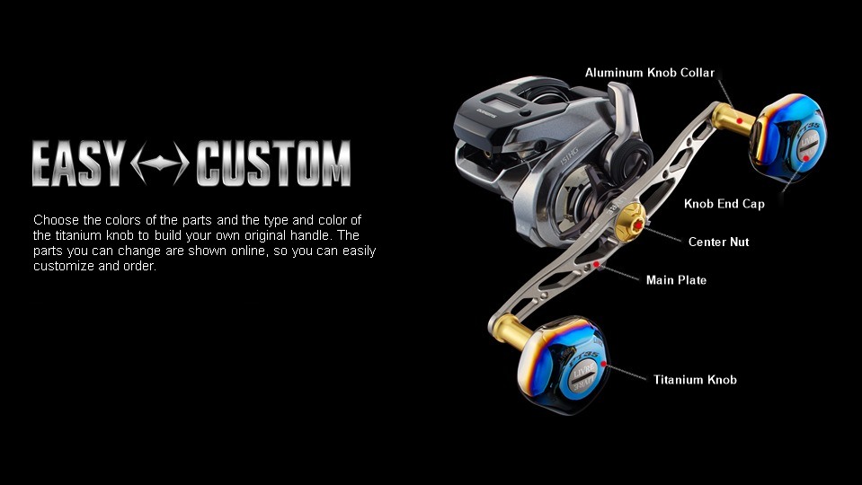 LIVRE CRANK 130 EASY CUSTOM parts diagram: titanium knob, aluminum knob collar, knob end cap, center nut, main plate