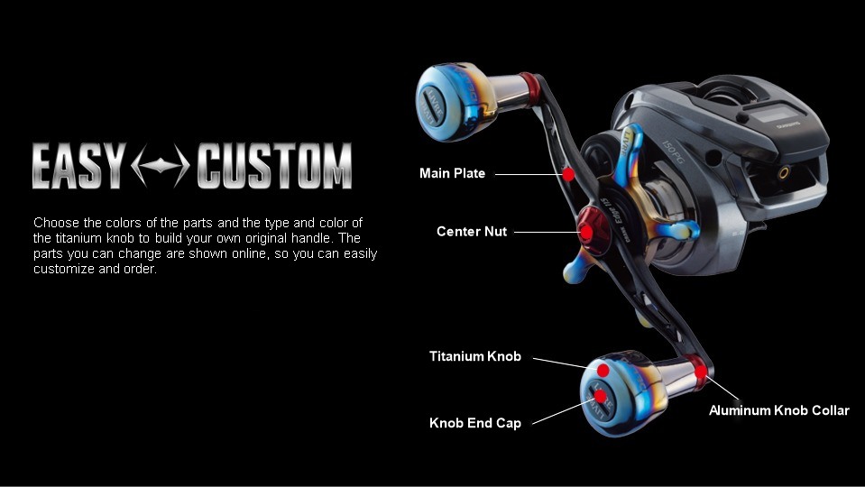 LIVRE CRANK Edge 115 EASY CUSTOM parts diagram: titanium knob, aluminum knob collar, knob end cap, center nut, main plate