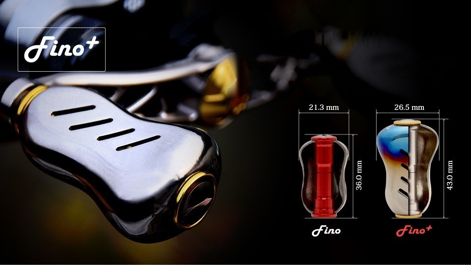 LIVRE Fino+ (Fino Plus) titanium knob: 26.5mm wide and 43.0mm long, compared with Fino (21.3mm, 36.0mm)