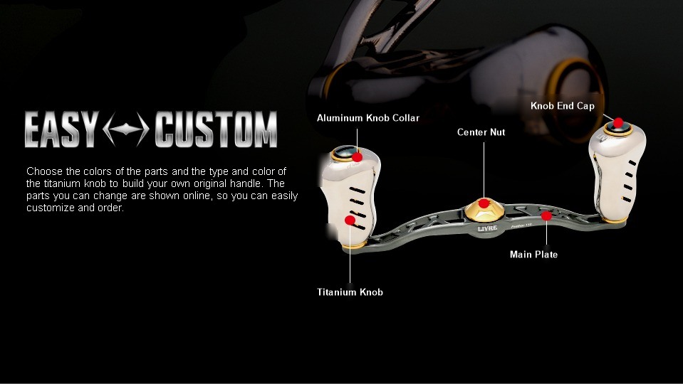 LIVRE CRANK Feather 110 EASY CUSTOM parts diagram: aluminum knob collar, knob end cap, center nut, main plate, titanium knob