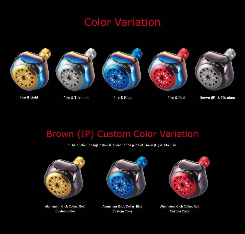 LIVRE PT42 color variation: Fire & Gold, Fire & Titanium, Fire & Blue, Fire & Red, Brown (IP) & Titanium, and Brown (IP) custom colors with a Gold, Blue or Red aluminum knob collar