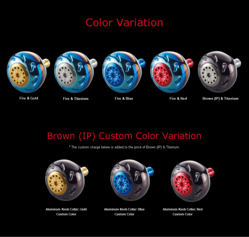 LIVRE EP50 color variation: Fire & Gold, Fire & Titanium, Fire & Blue, Fire & Red, Brown (IP) & Titanium, and Brown (IP) custom colors with a Gold, Blue or Red aluminum knob collar