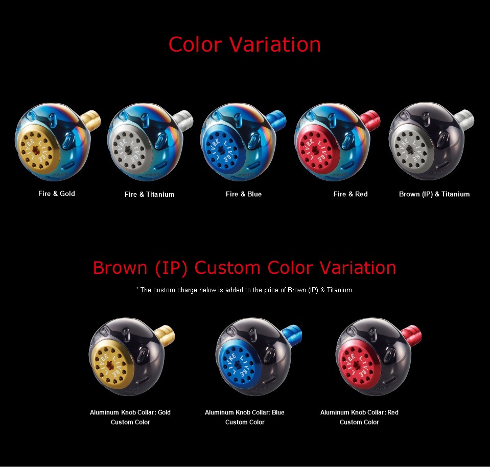 LIVRE EP44 color variation: Fire & Gold, Fire & Titanium, Fire & Blue, Fire & Red, Brown (IP) & Titanium, and Brown (IP) custom colors with a Gold, Blue or Red aluminum knob collar