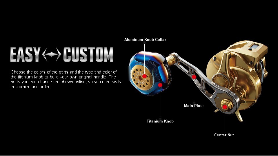 LIVRE BJ 75-83 PT EASY CUSTOM parts diagram: aluminum knob collar, center nut, main plate, titanium knob