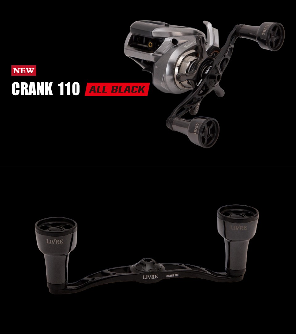 LIVRE CRANK 110 ALL BLACK double handle with black Fortissimo air knobs mounted on a baitcasting reel