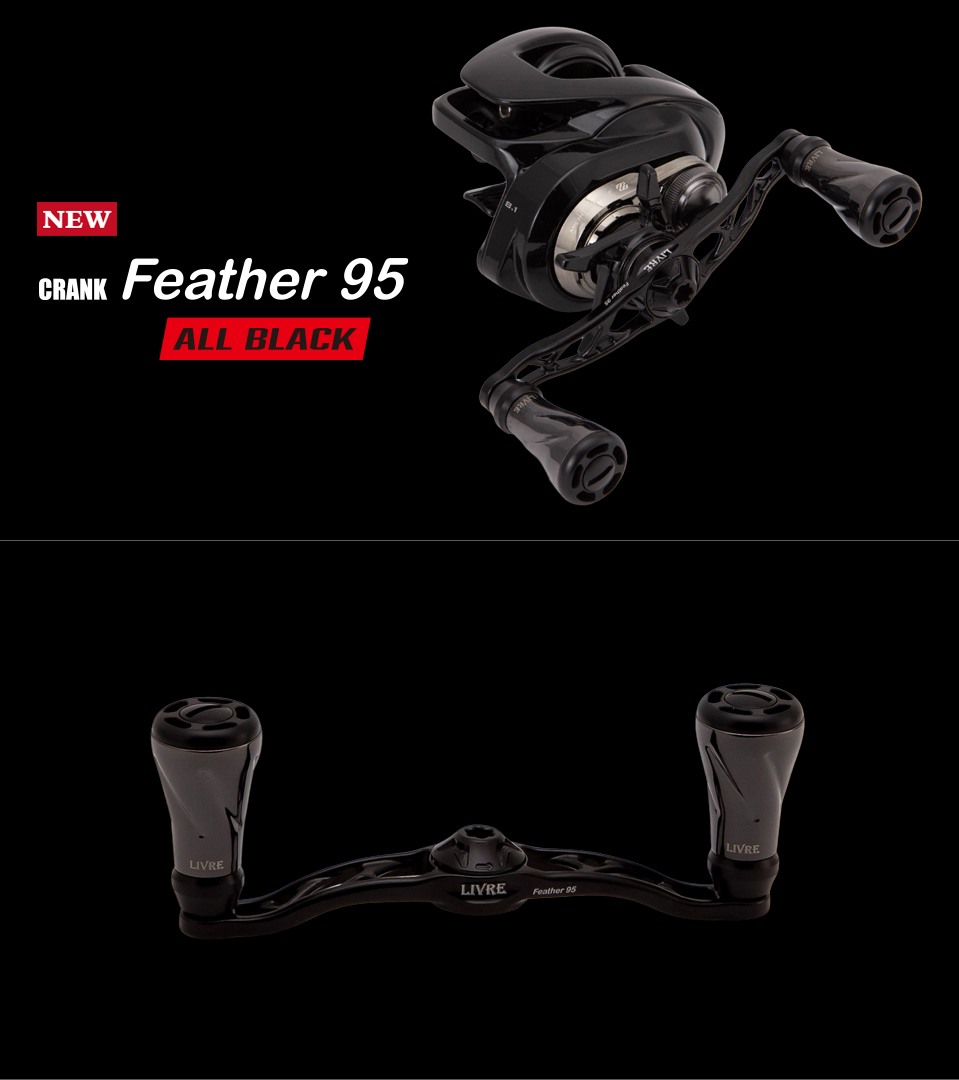 LIVRE CRANK Feather 95 ALL BLACK double handle with black Forte air knobs mounted on a baitcasting reel