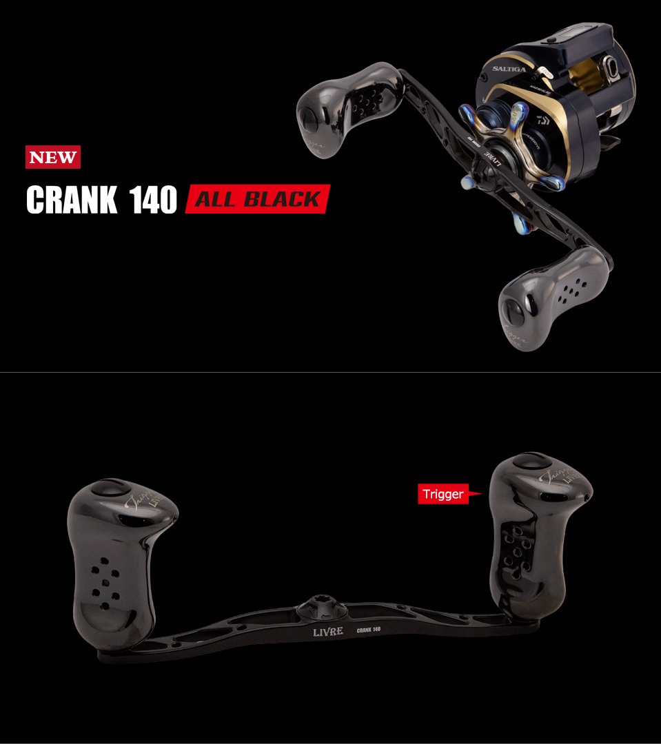 LIVRE CRANK 140 ALL BLACK ultra-long double handle with black Trigger knobs mounted on a baitcasting reel
