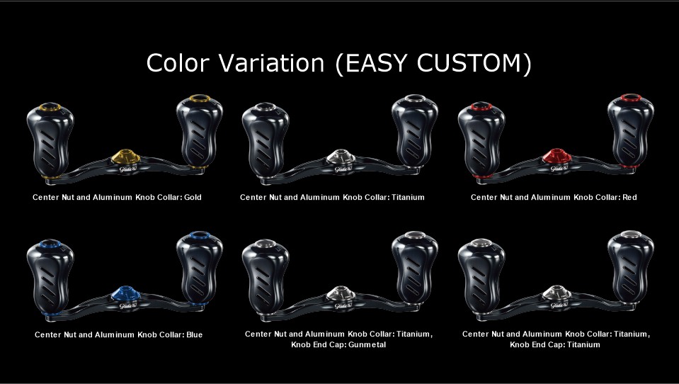 LIVRE Glide 87 EASY CUSTOM color examples: center nut and aluminum knob collar in gold, titanium, red and blue
