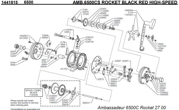 画像1: 【アブ純正お取り寄せパーツ：納期1ヶ月】Ambassadeur 6500CS ROCKET BLACK RED HIGH-SPEED　製品コード：1441815 (1)